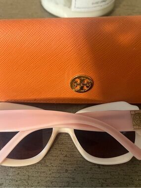 Tory Burch Pink and White Sunglasses with Orange Case